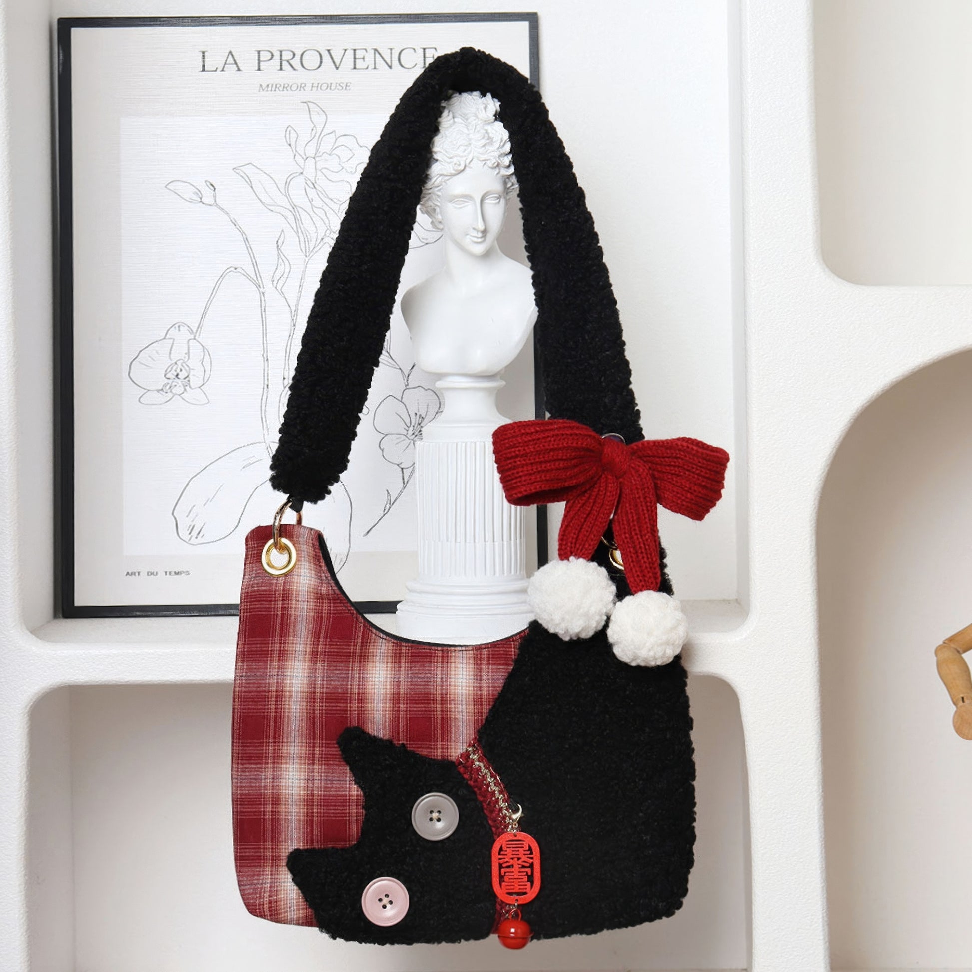 Plaid Fleece Cat Accent Mini Shoulder Bag