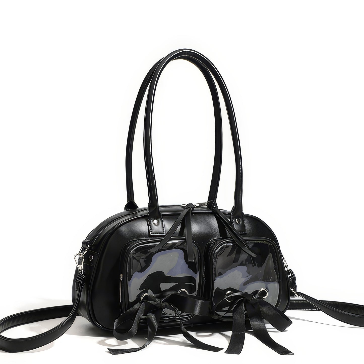 Patent Ribbon Detail Double Pocket Bag