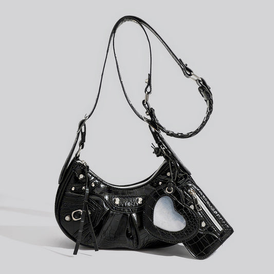 Croc Embossed Heart Charm Shoulder Bag