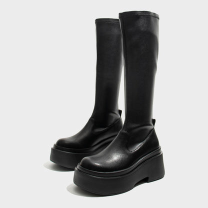 Black Stretch Platform Knee Boots