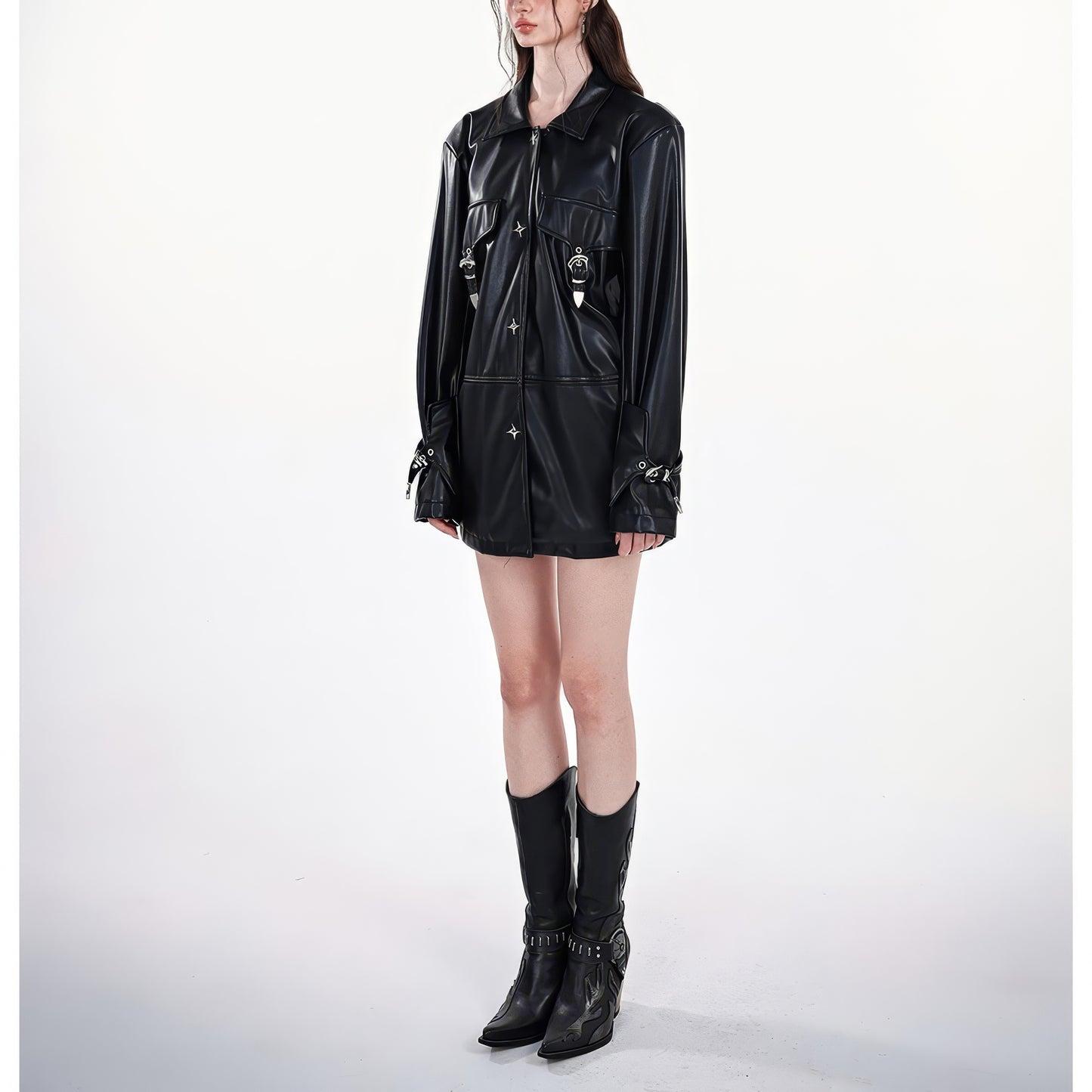 Star Rivet Faux Leather Oversized Jacket