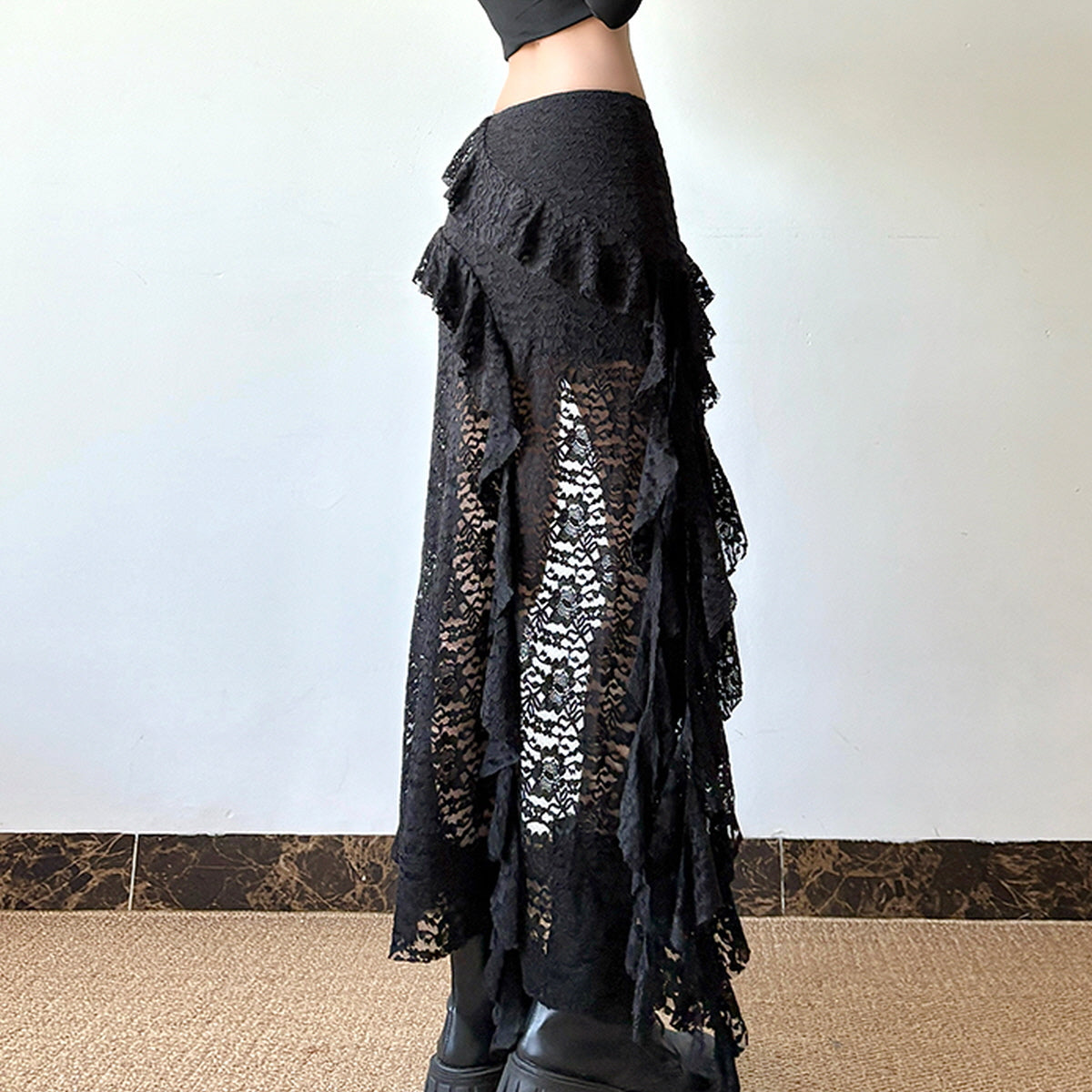 Lace Ruffled Asymmetrical Skirt