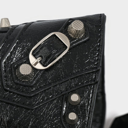 Studded Textured Leather Buckle Handbag