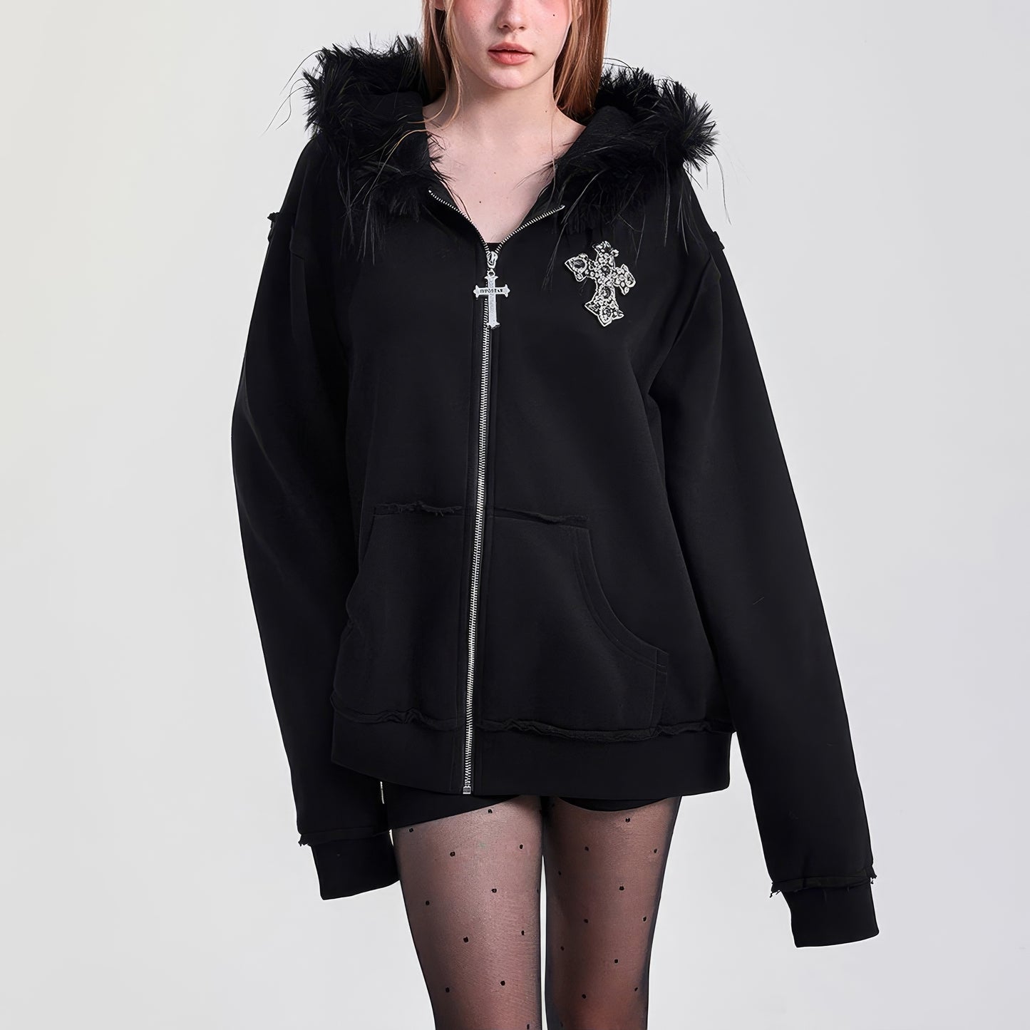 Faux Fur Trim Zip-Up Hoodie