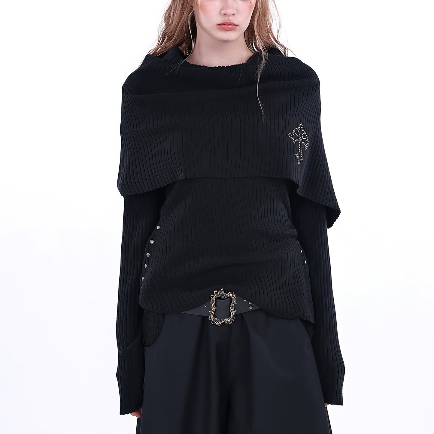 Off Shoulder Layered Knit Top with Studded Cross