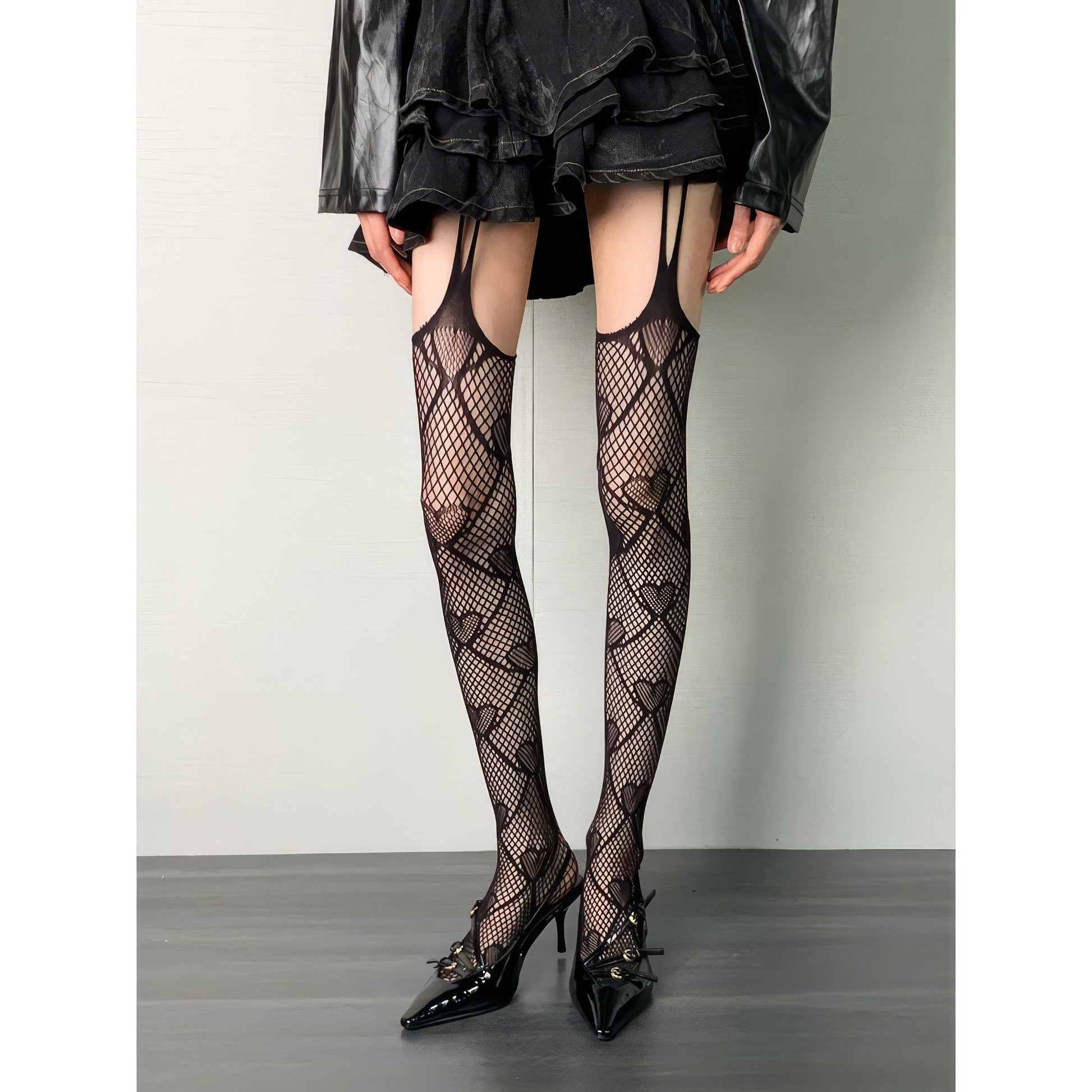 Heart Pattern Suspender Mesh Tights