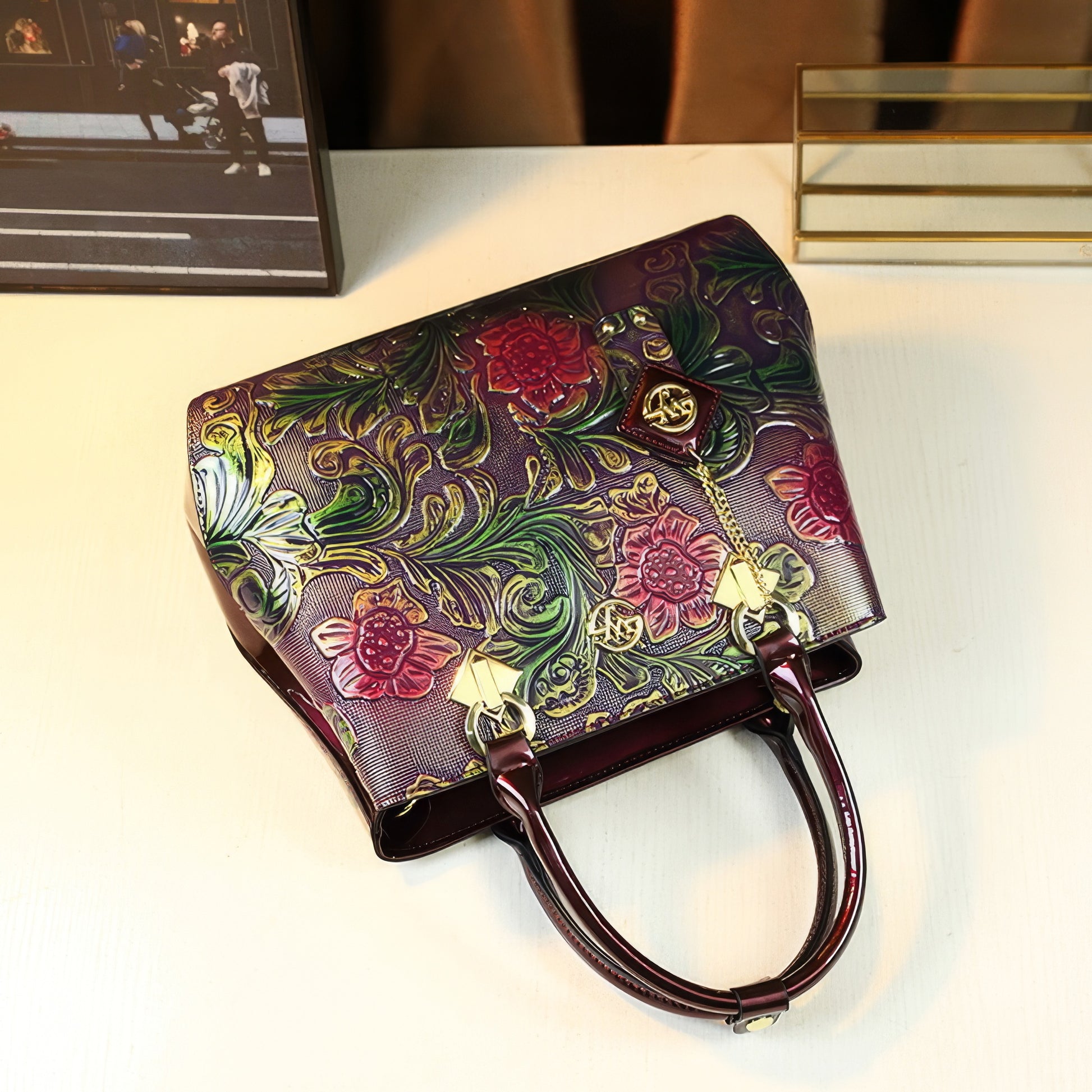 Purple Embossed Floral Patent Tote Bag