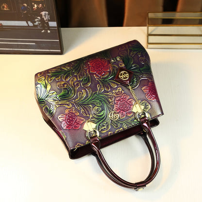 Purple Embossed Floral Patent Tote Bag