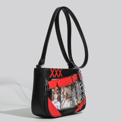 Belt Buckle Chain Detail Vinyl Shoulder Bag