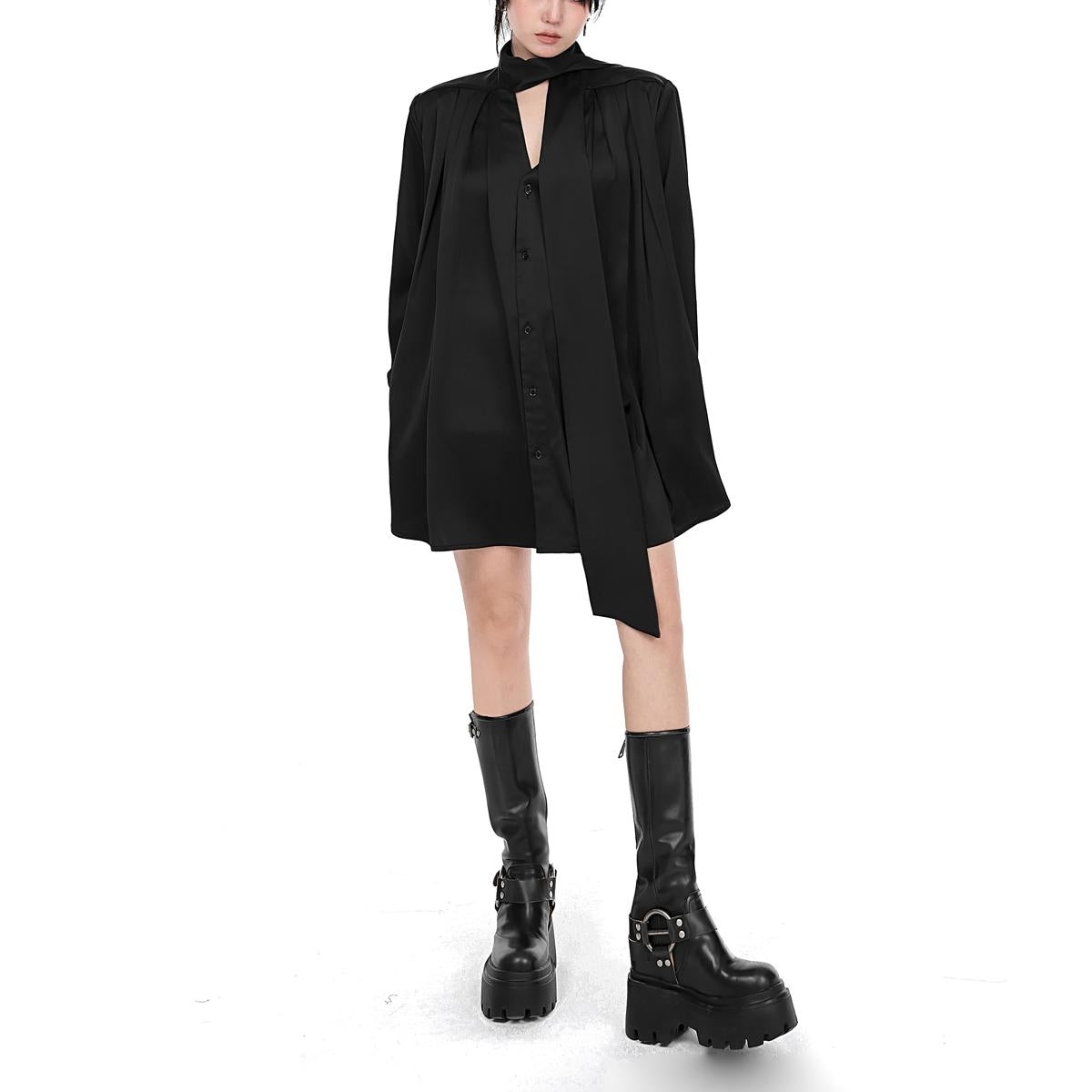Satin Pleated Tie Neck Shirt Dress