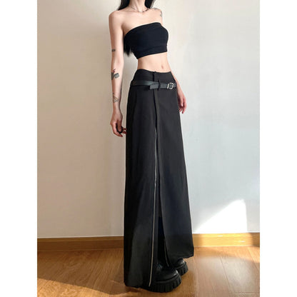 Belted Zip-Slit Maxi Skirt