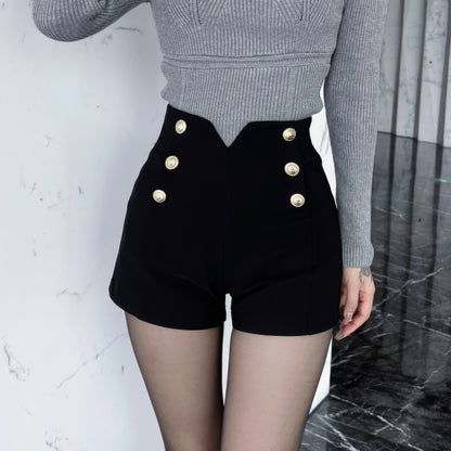 Gold Button V-Waist Black Shorts