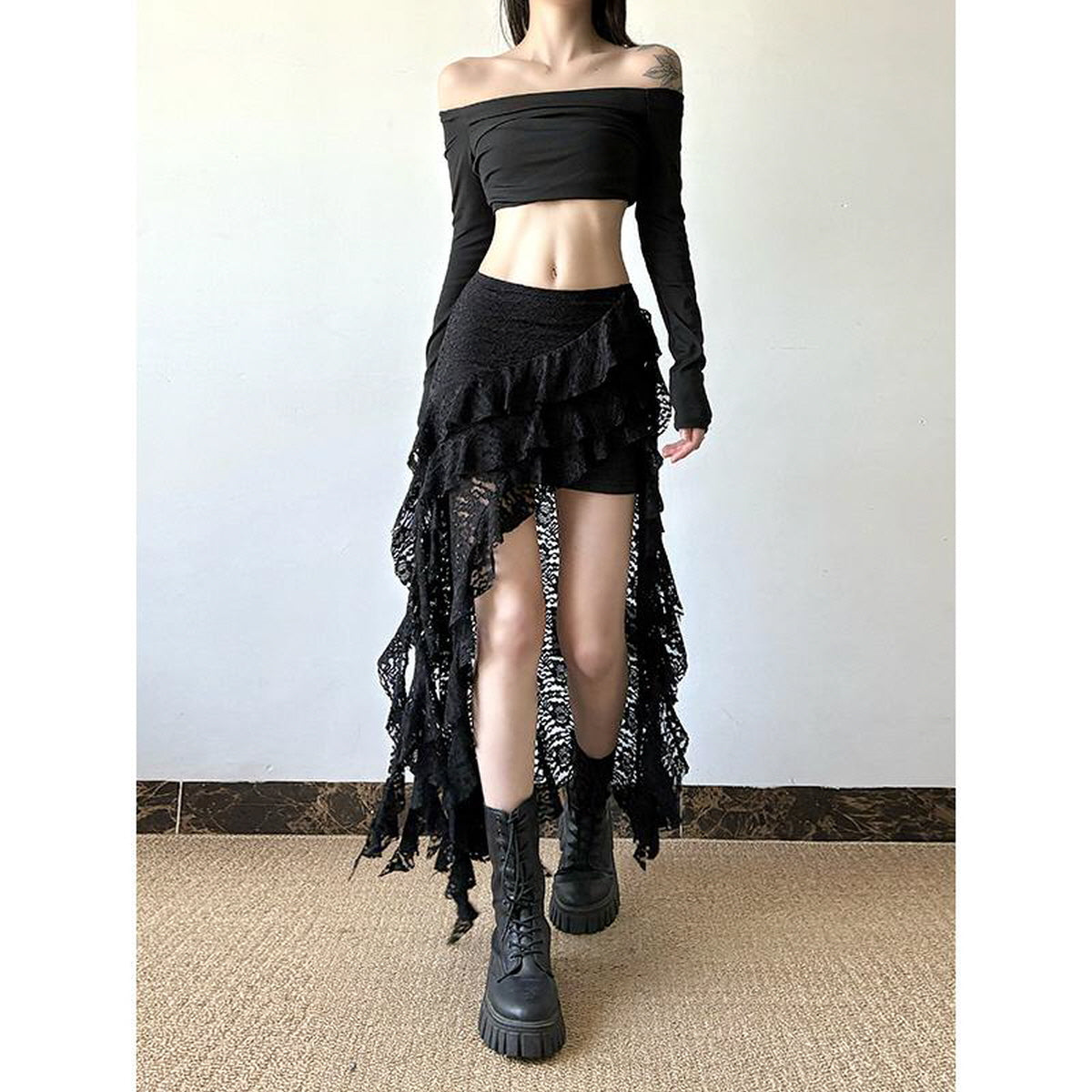 Lace Ruffled Asymmetrical Skirt