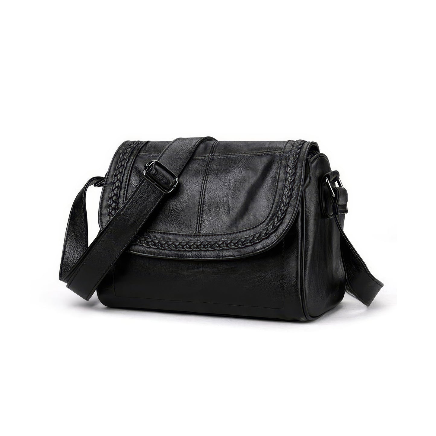 Braided Trim Flap Leather Crossbody Bag