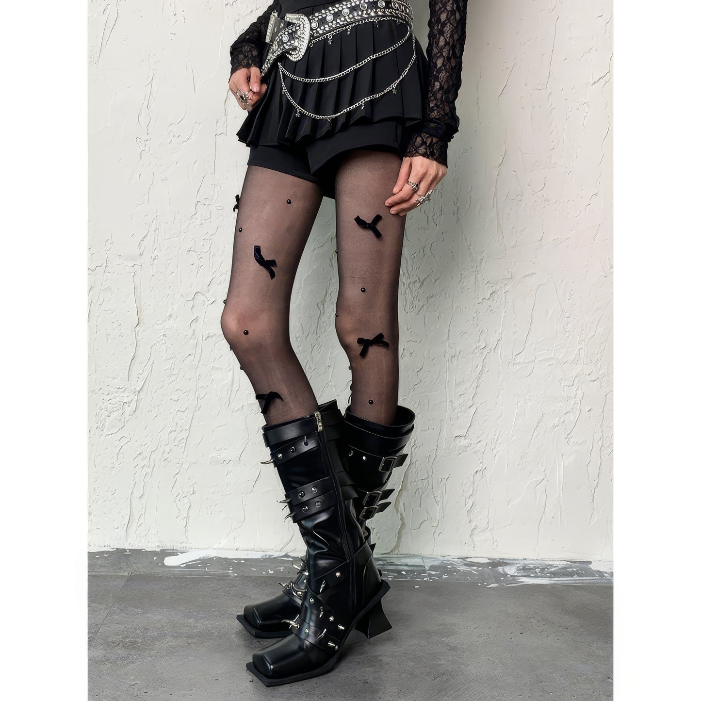 Velvet Bow Pearl Dot Sheer Tights