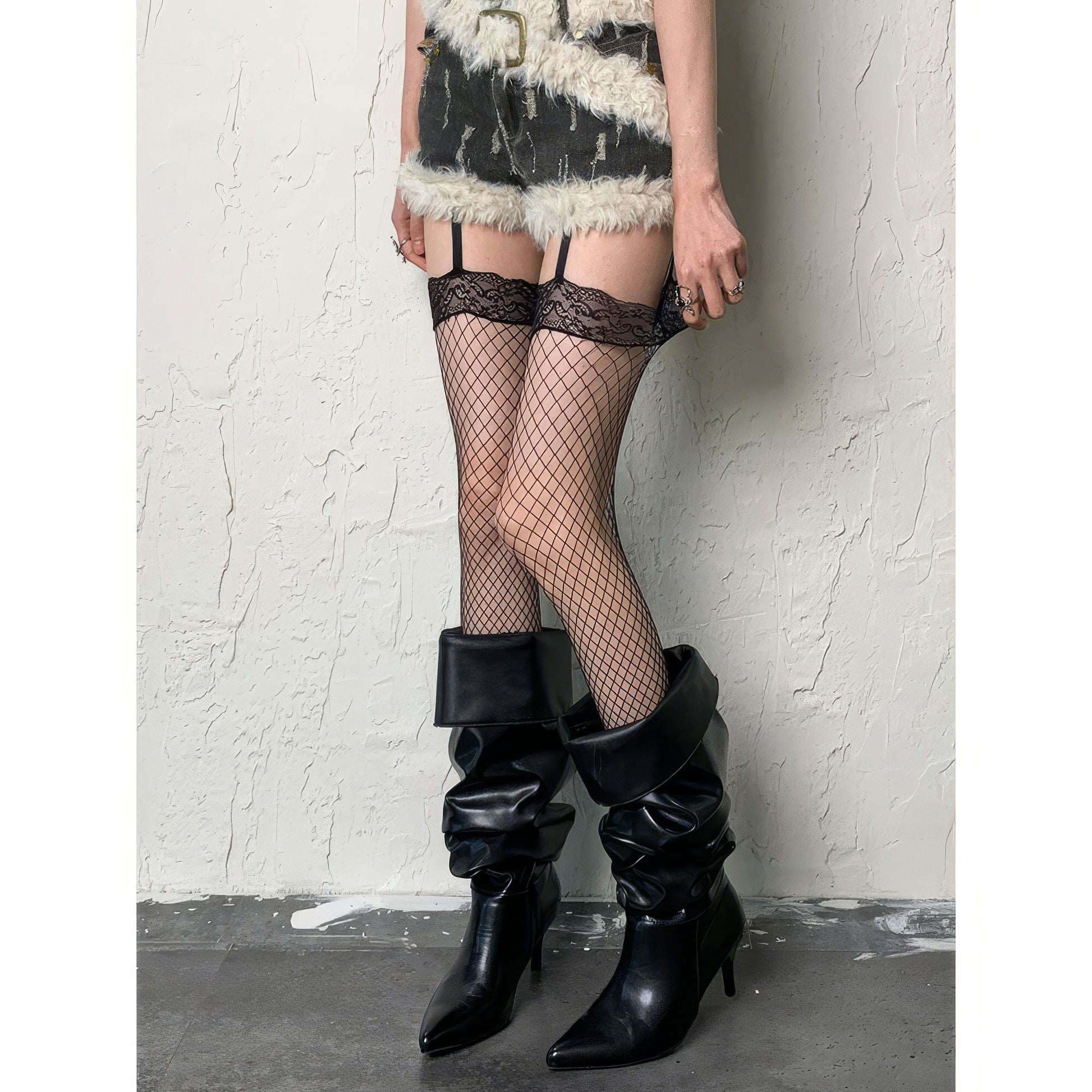 Lace Trim Fishnet Garter Tights