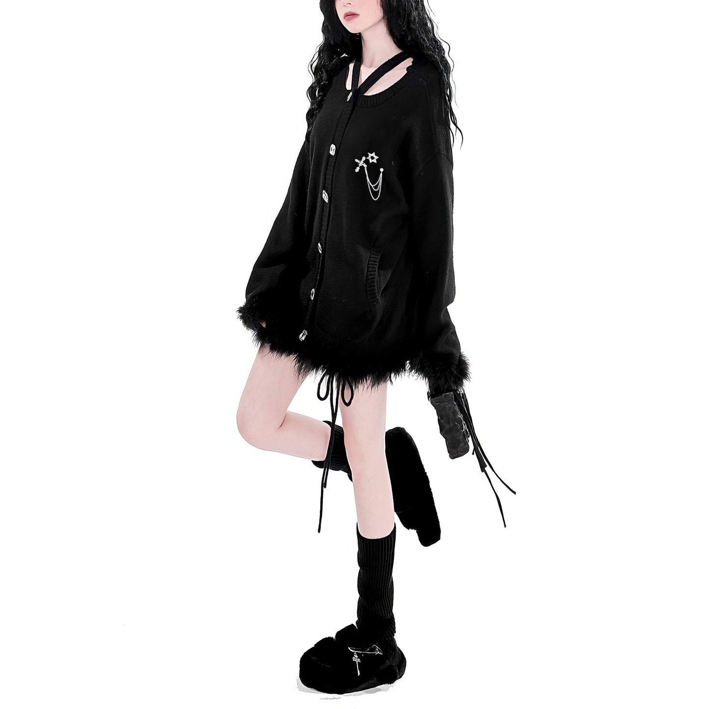 Faux Fur Trim Knit Cardigan