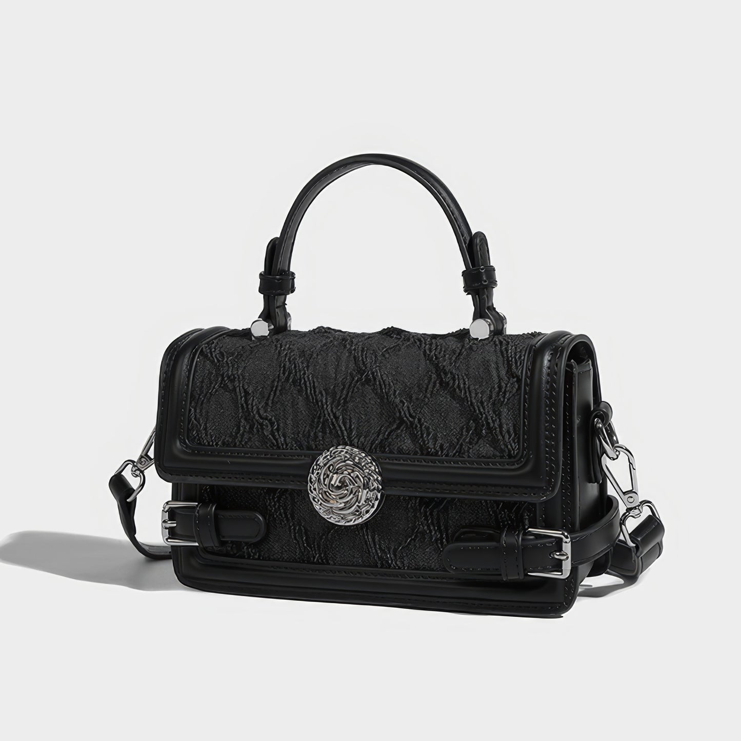 Textured Buckle Flap Top Handle Bag