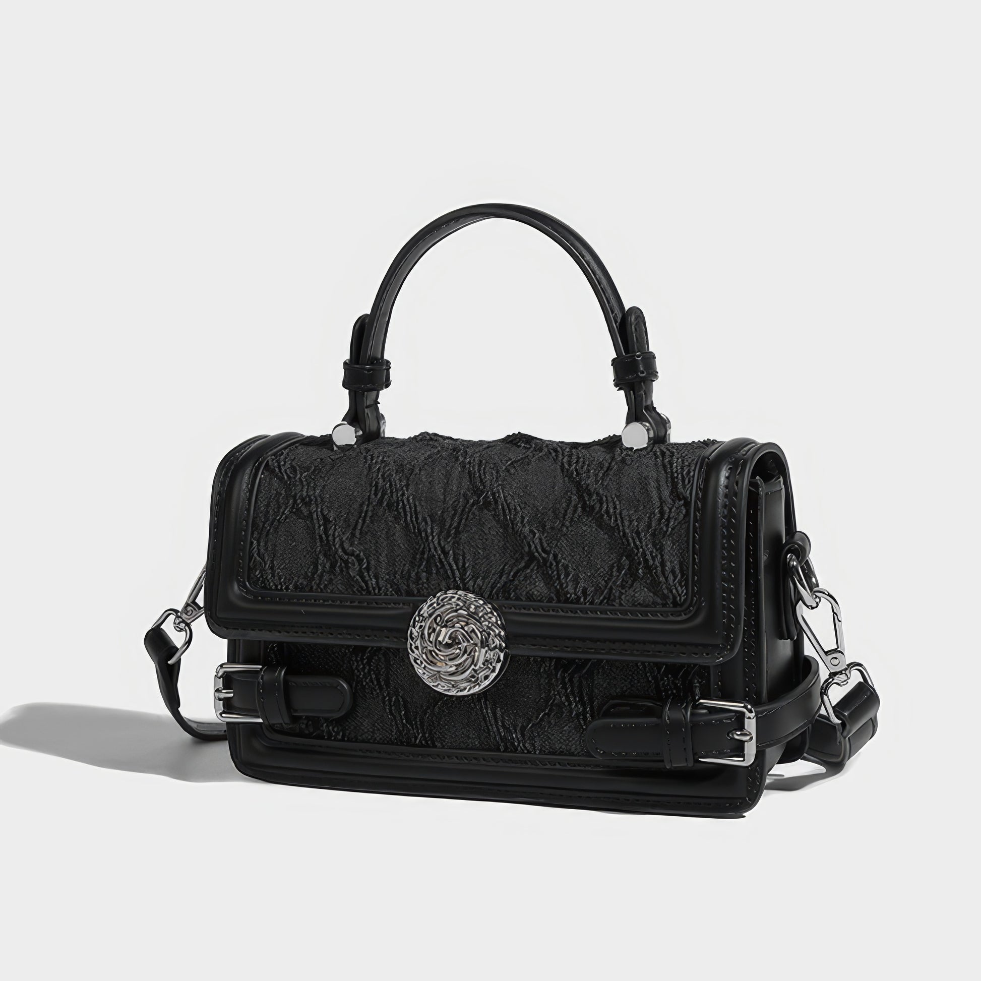 Textured Buckle Flap Top Handle Bag