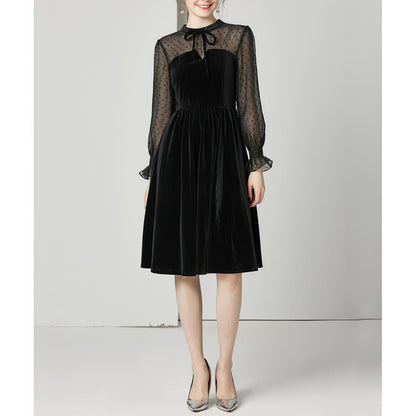 Velvet Mesh Dot Sleeve Black Midi Dress