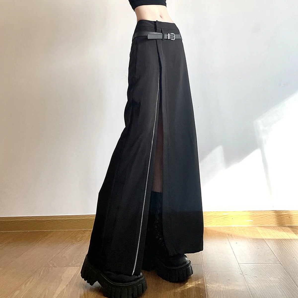 Belted Zip-Slit Maxi Skirt