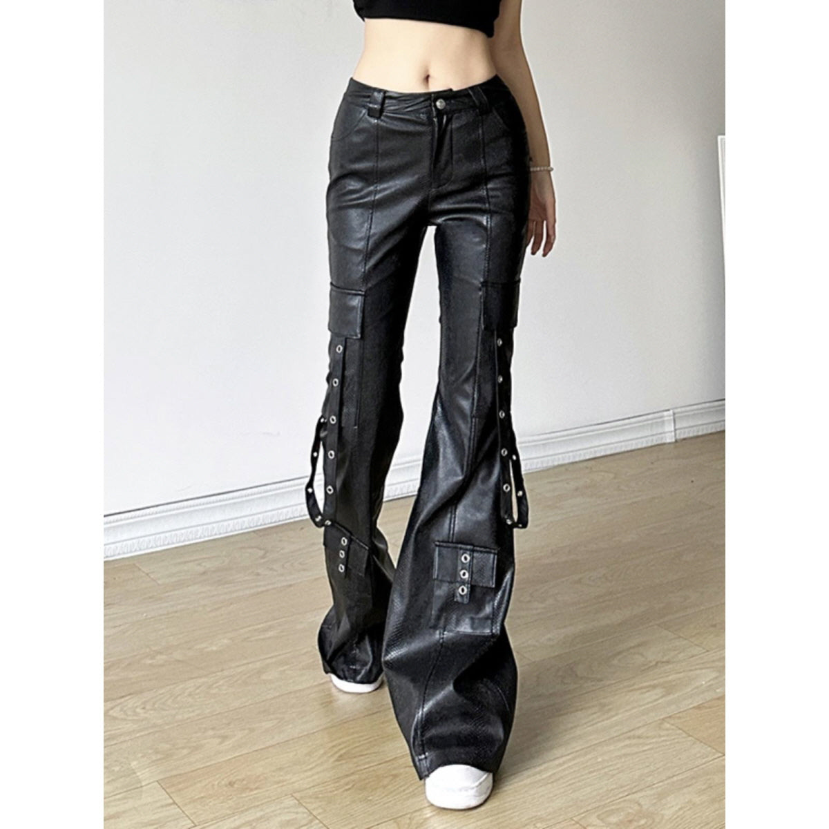 Eyelet Strap Faux Leather Pants