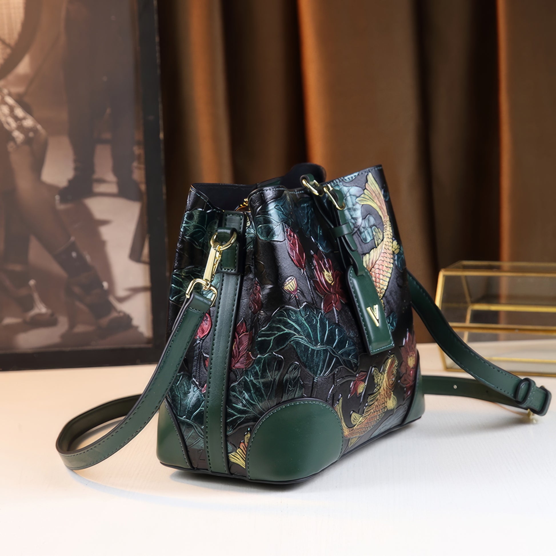 Embroidered Koi Lotus Leather Shoulder Bag