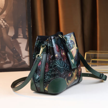 Embroidered Koi Lotus Leather Shoulder Bag
