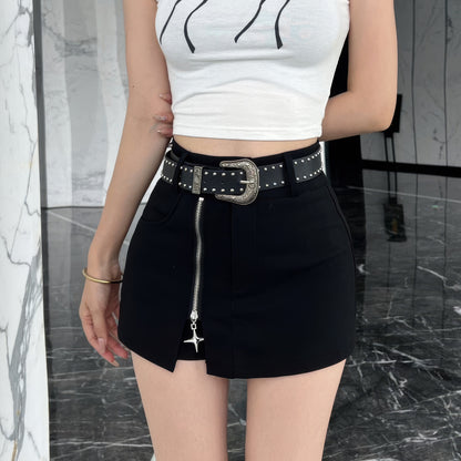 Studded Zip Detail Belted Skort