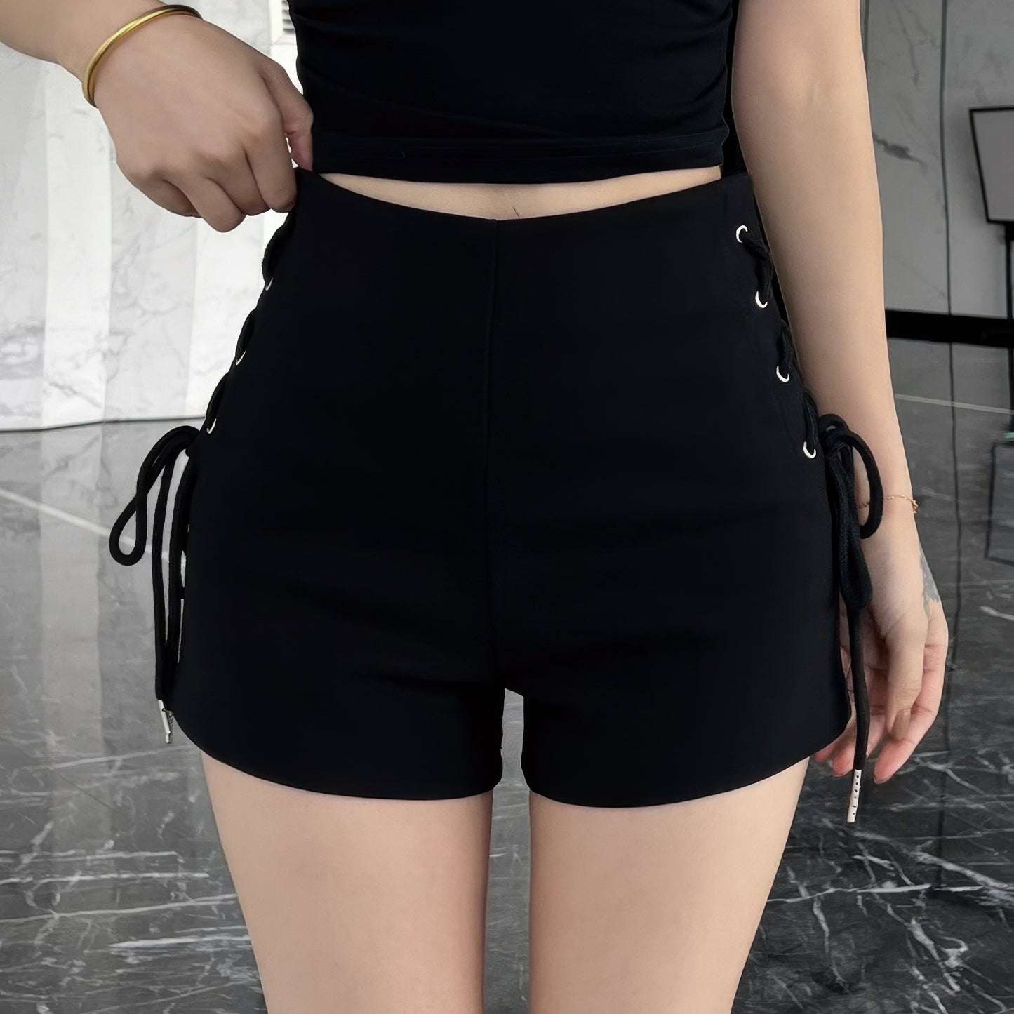 Side Lace-Up Detail Black Shorts