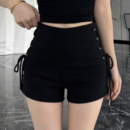 Side Lace-Up Detail Black Shorts