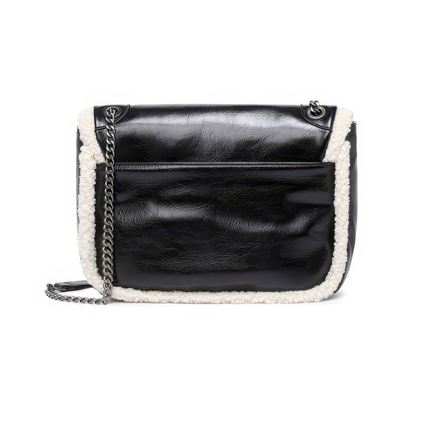 Faux Leather Shearling Trim Chain Bag Set