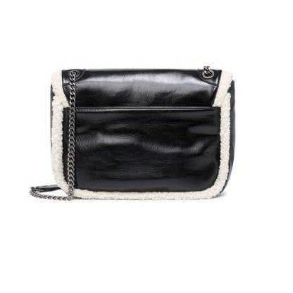 Faux Leather Shearling Trim Chain Bag Set