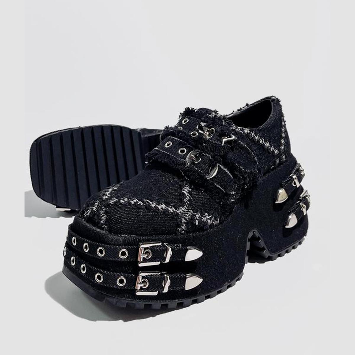 Black Distressed Denim Platform Shoes