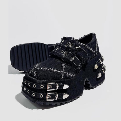 Black Distressed Denim Platform Shoes