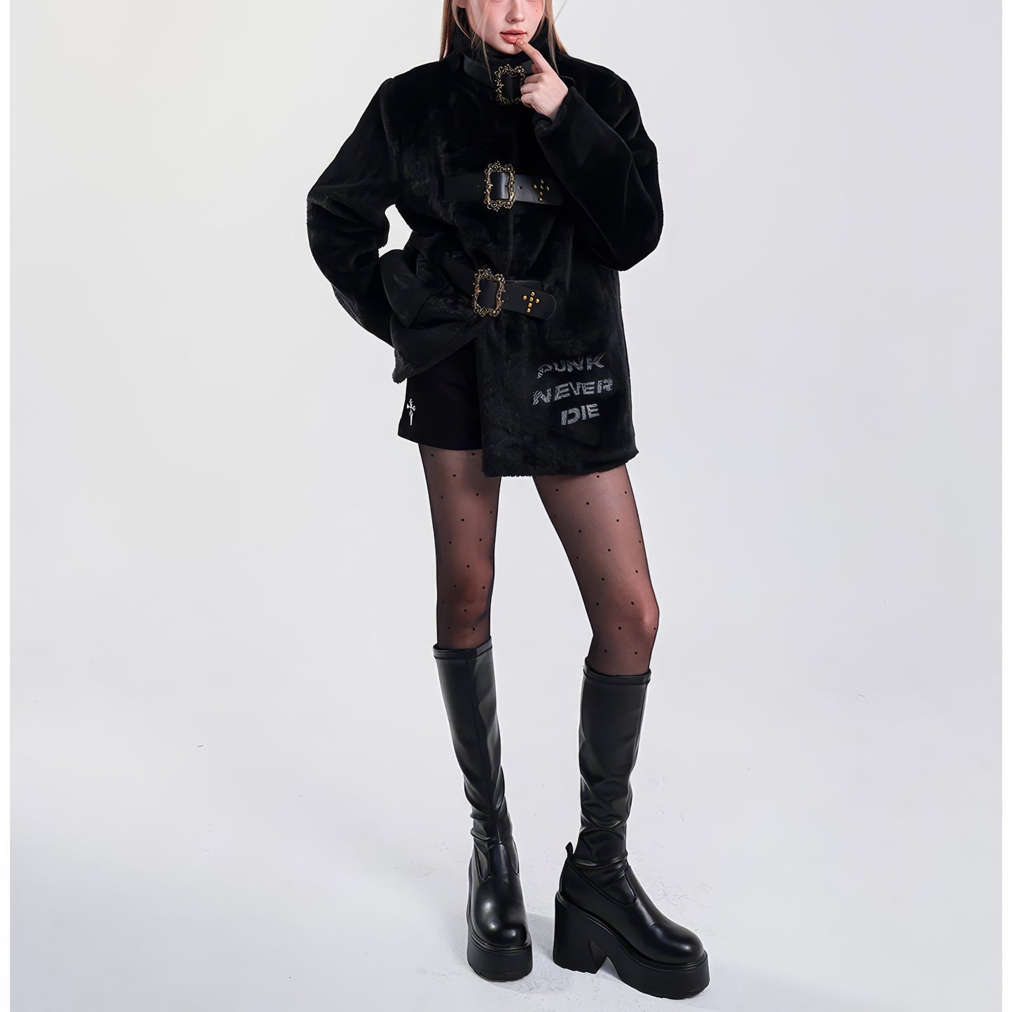 Faux Fur Buckle Strap Oversized Coat