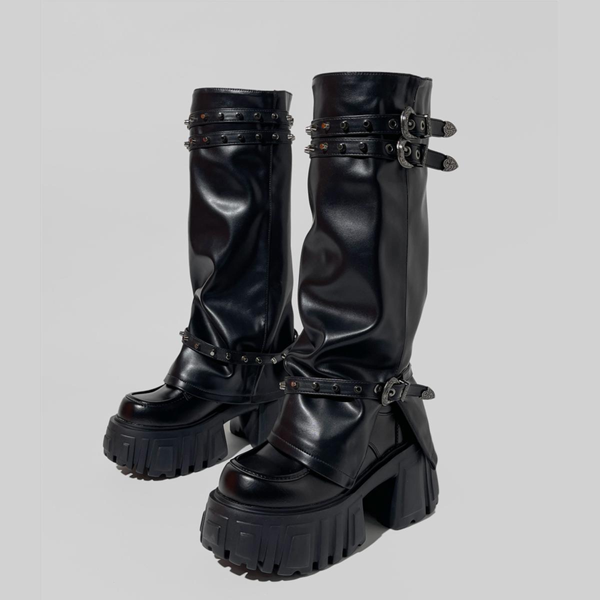 Black Buckled Platform Slouch Boots