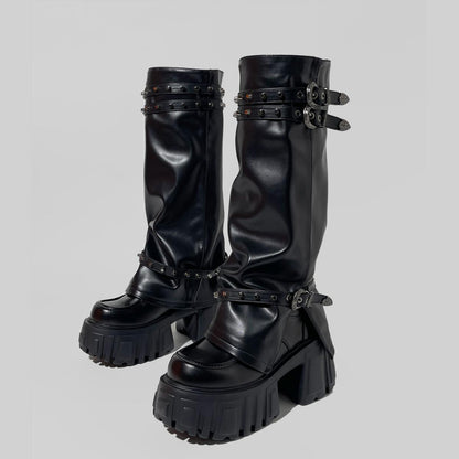 Black Buckled Platform Slouch Boots