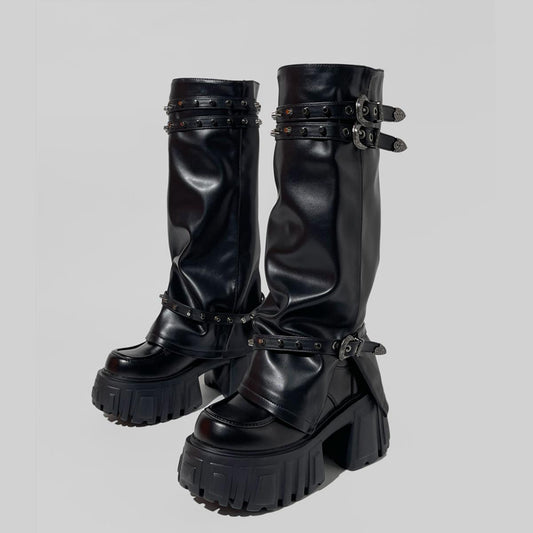 Black Buckled Platform Slouch Boots