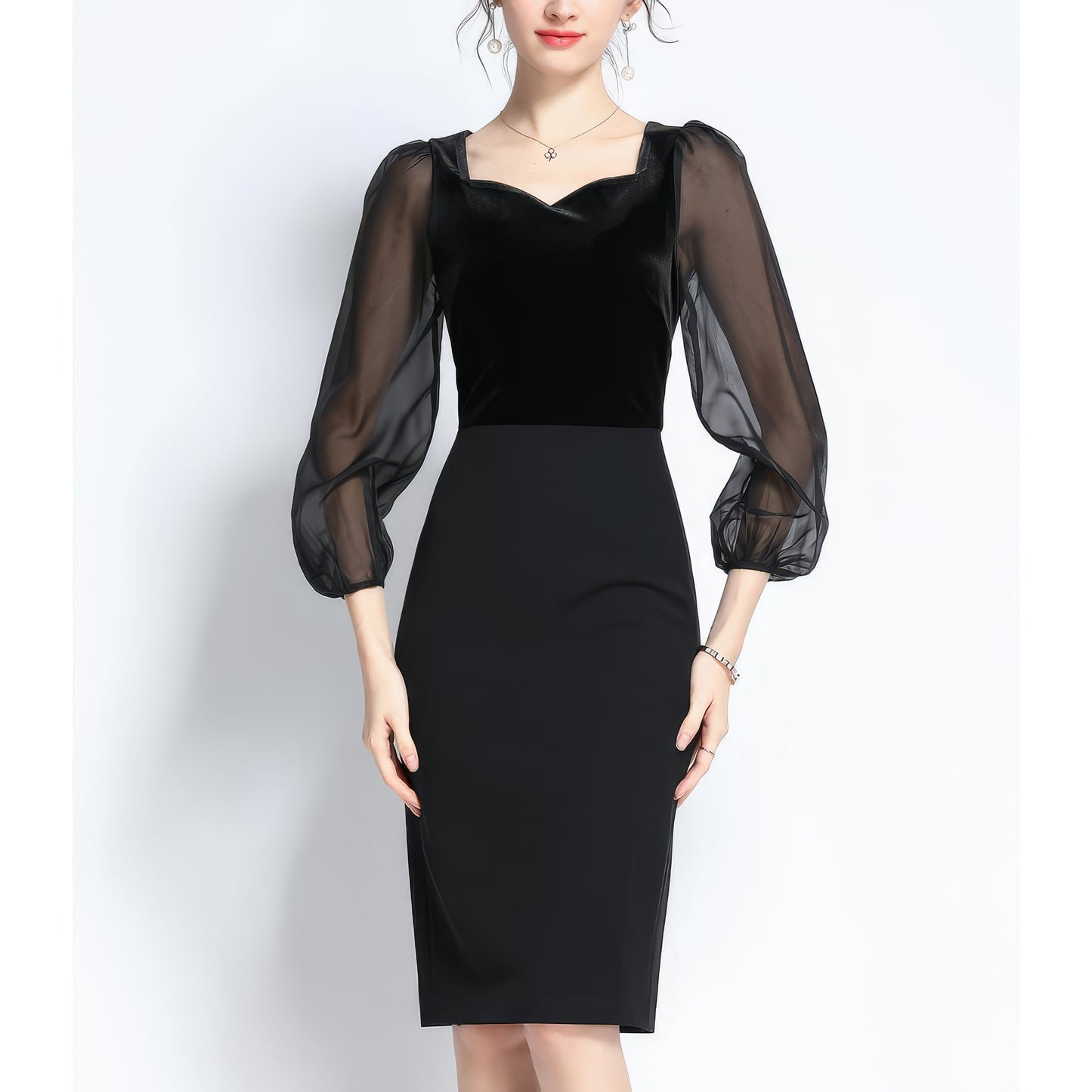 Velvet Sheer Sleeve Sweetheart Pencil Dress