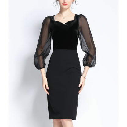 Velvet Sheer Sleeve Sweetheart Pencil Dress