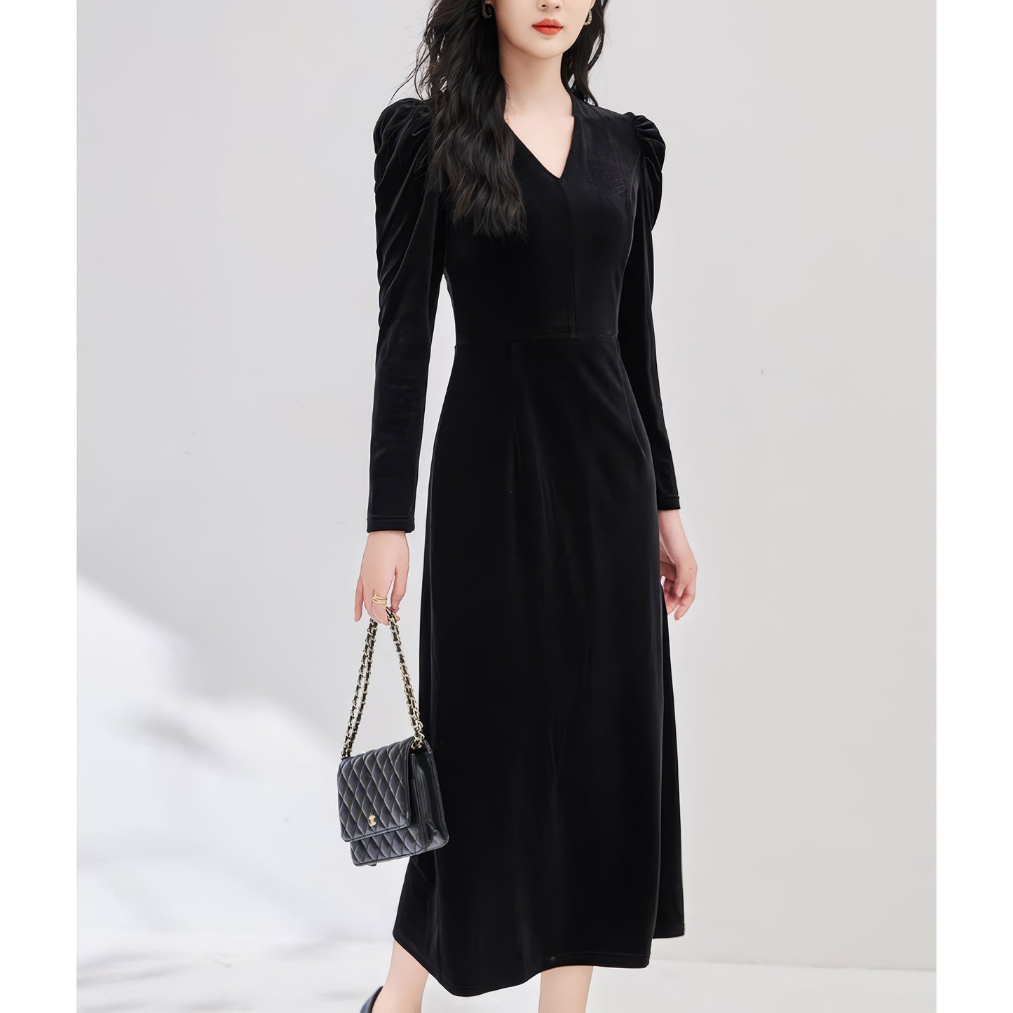 Ruched Shoulder Velvet Black Dress