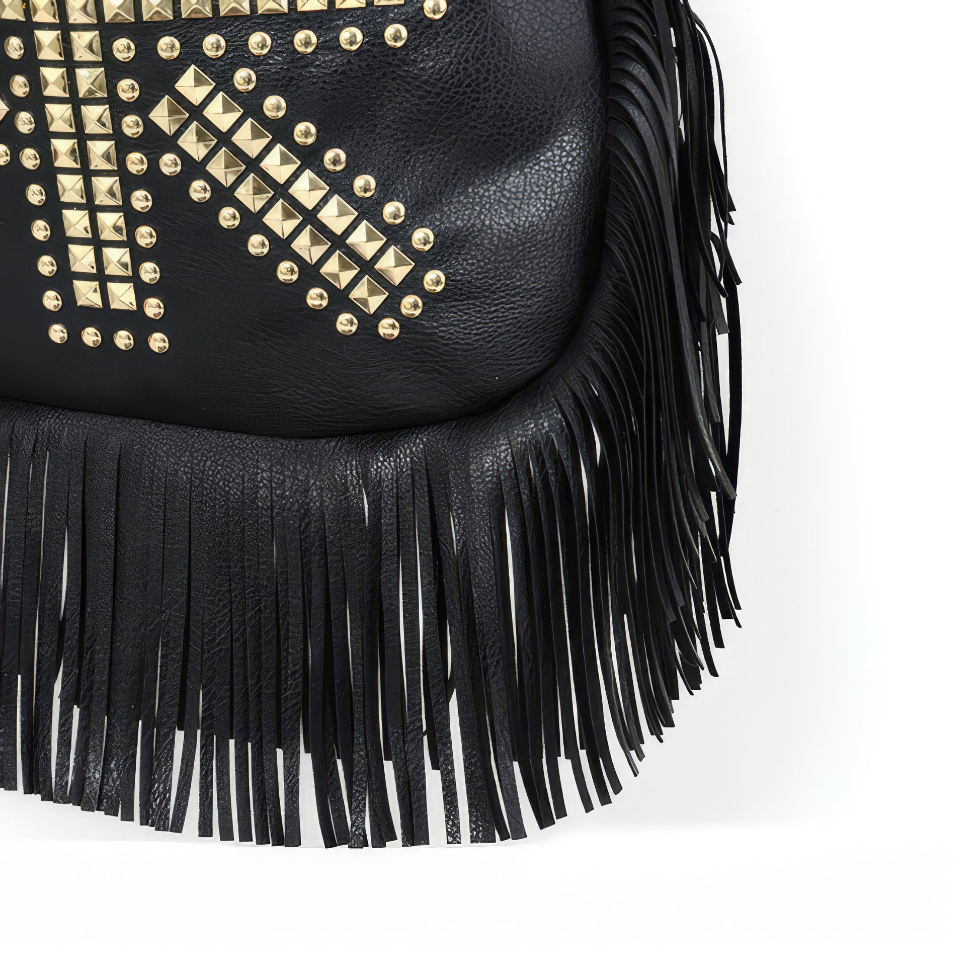 Fringe Studded Black Hobo Shoulder Bag