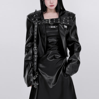 Belted Faux Leather Cropped Jacket