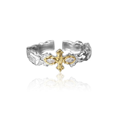Gold Cross Textured Open Ring