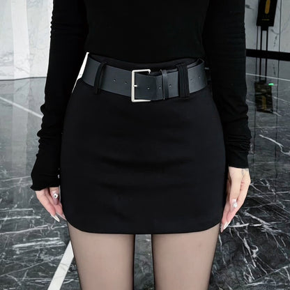 Bold Buckle Belted Black Mini Skirt