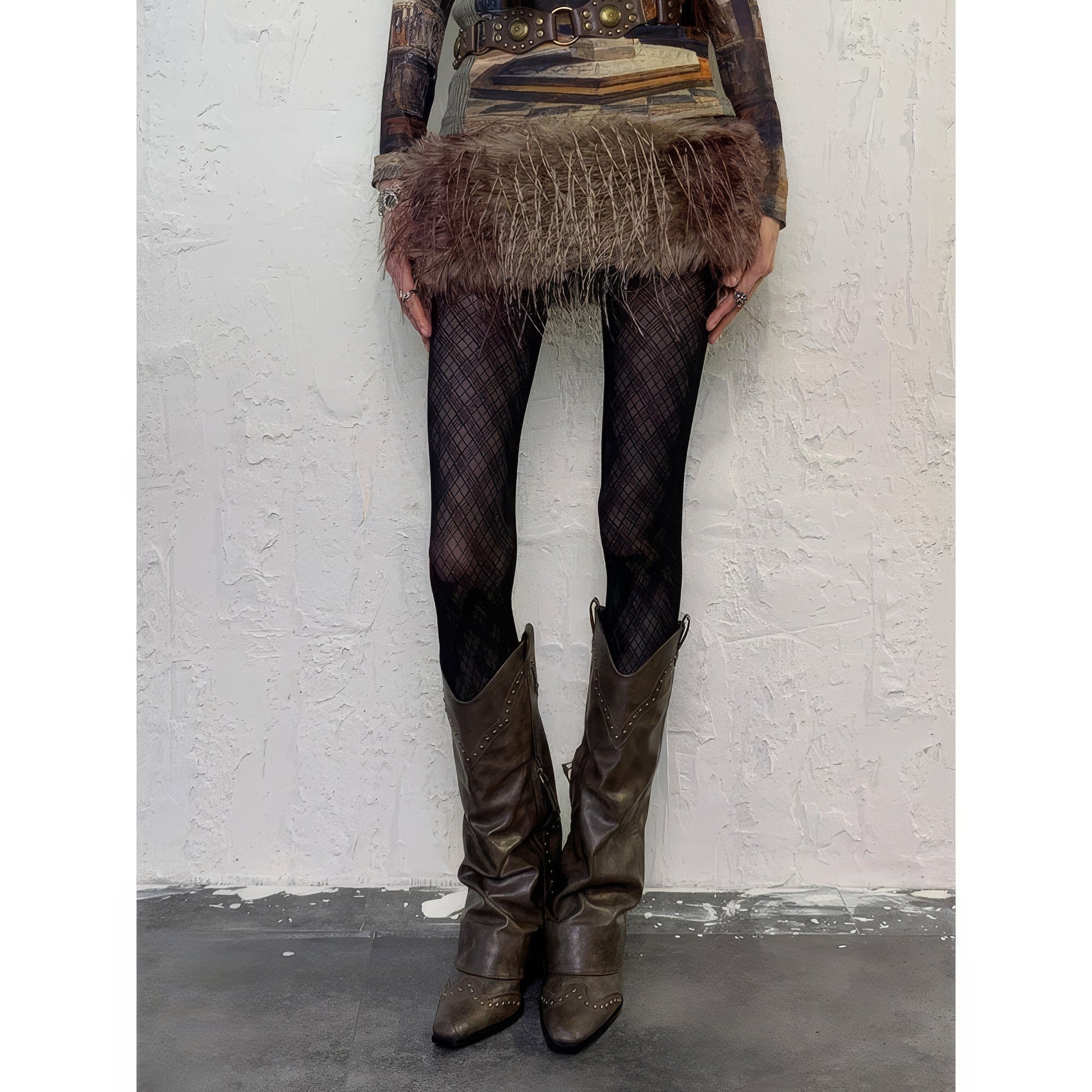 Textured Plaid Mesh Tights