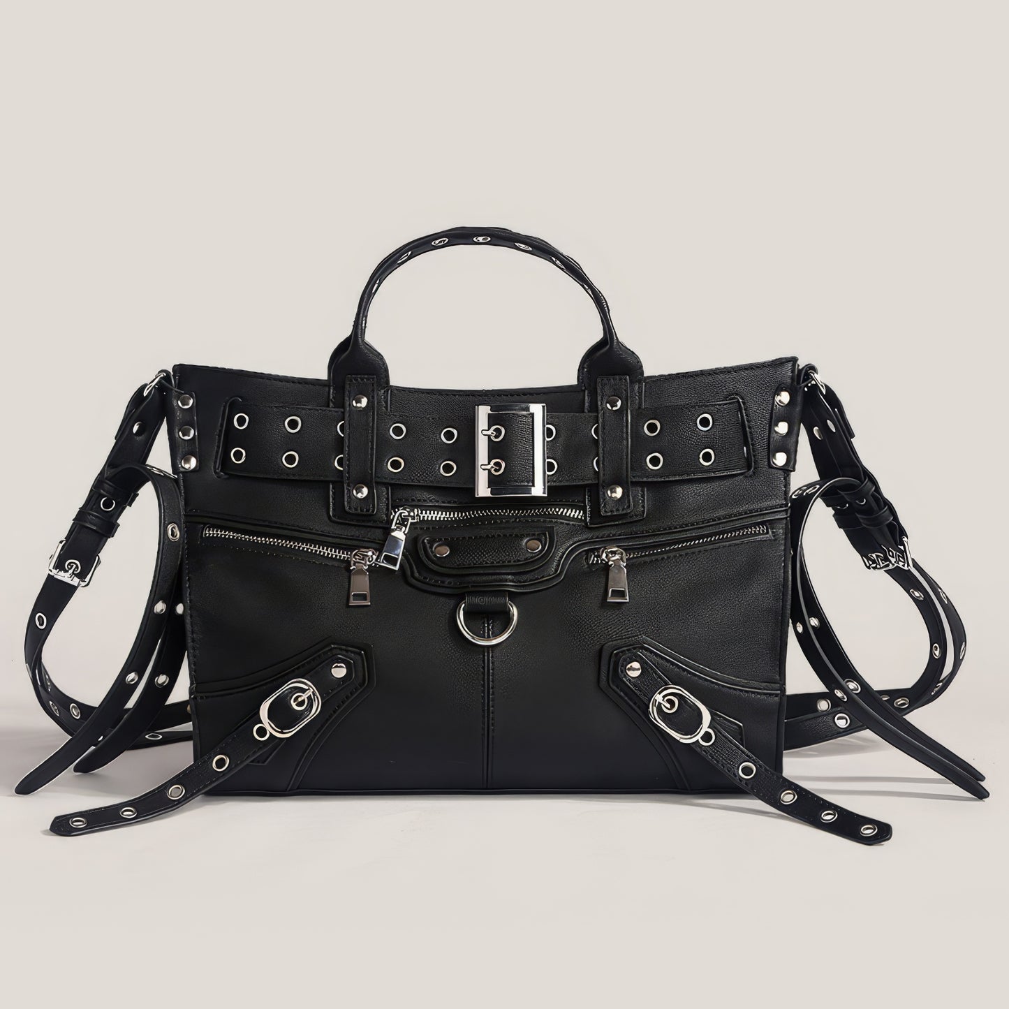 Buckle Strap Grommet Detail Black Tote Bag