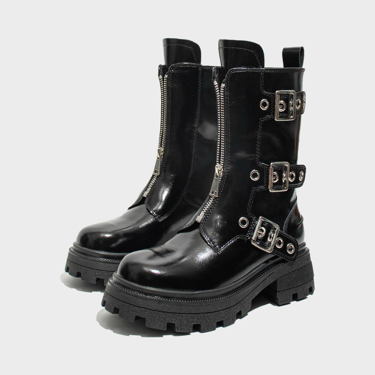 Black Patent Buckle Combat Boots