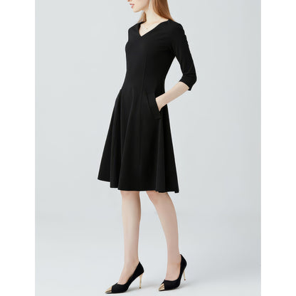 V-Neck Three-Quarter Sleeve Black Midi Dress
